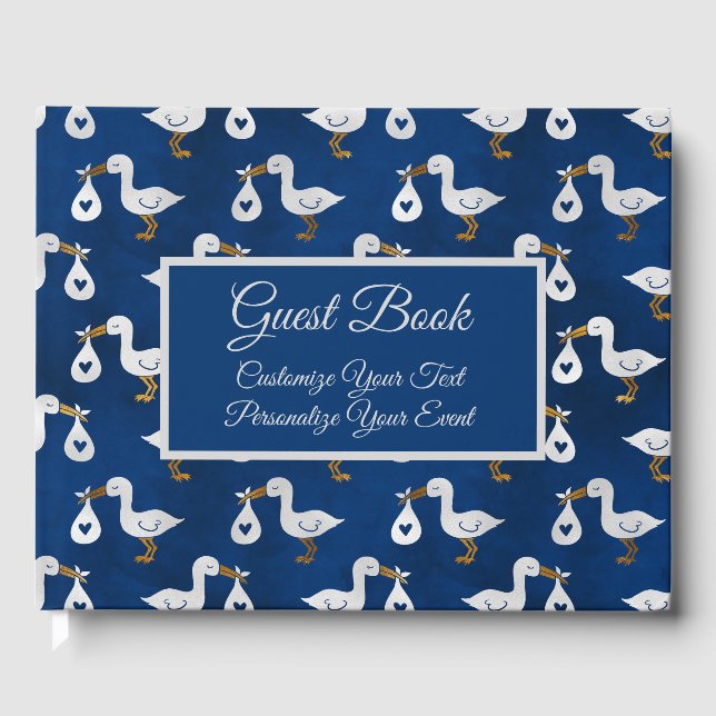 Baby Shower Stork Navy Blue Personlig Gästböcker (Framsida)