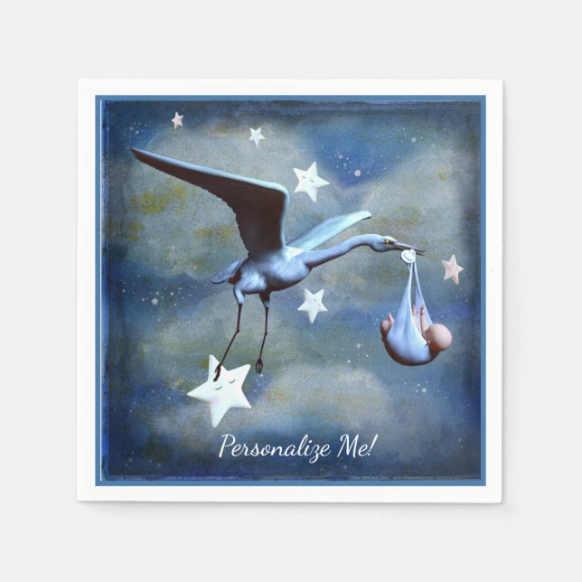 Baby Shower Stork & Newborn Blue Boy Personlig Pappersservett (Framsidan)