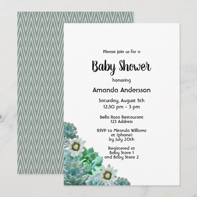 Baby Shower succules cati-blommor vit grönt Inbjudningar (Fram/baksida)