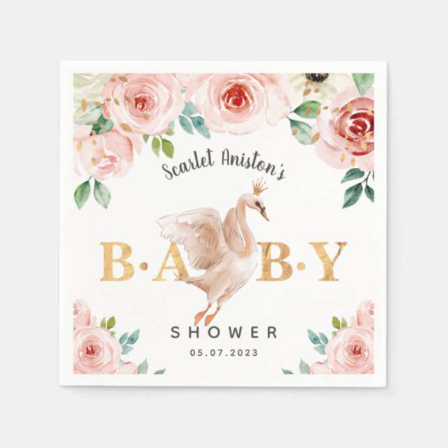 Baby Shower Svan Blommigt Pappersservett (Framsidan)