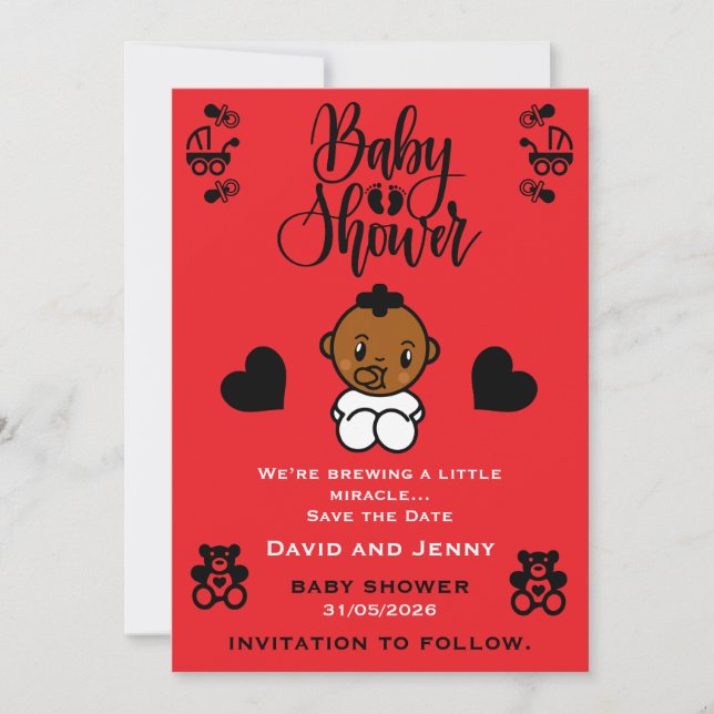 Baby Shower Svart Bebis Ankomst Spara Datum Datumet (Framsida)