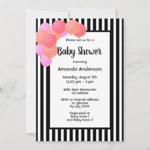 Baby Shower svart vit randig ballongbåge rosa Inbjudningar