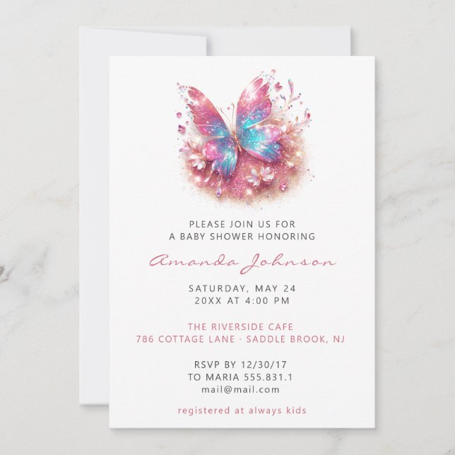 Baby Shower Sweet 16th Butterfly Girl White Rosa W Inbjudningar (Framsida)