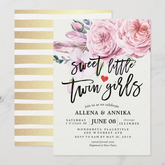 Baby Shower Sweet Little Twin Girls Boho Flowers Inbjudningar (Fram/baksida)