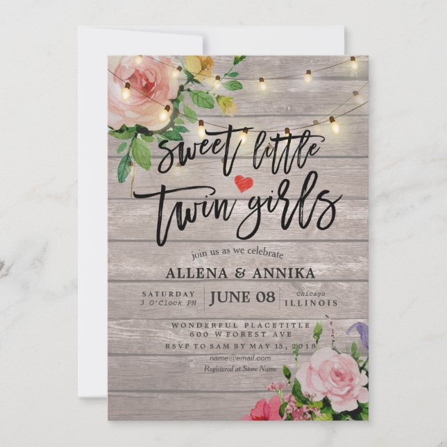 Baby Shower Sweet Little Twin Girls Flowers Wood Inbjudningar (Framsida)
