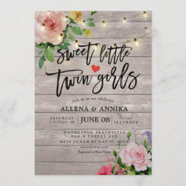 Baby Shower Sweet Little Twin Girls Flowers Wood Inbjudningar
