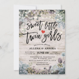 Baby Shower Sweet Little Twin Girls Flowers Wood Inbjudningar