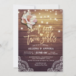 Baby Shower Sweet Little Twin Girls Flowers Wood Inbjudningar