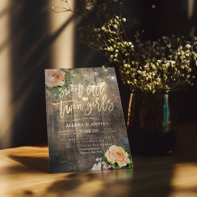 Baby Shower Sweet Little Twin Girls Flowers Wood Inbjudningar (Skapare uppladdad)