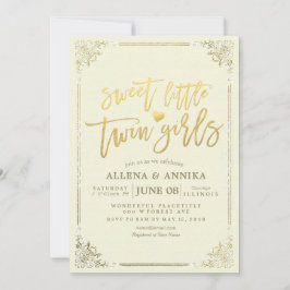 Baby Shower Sweet Little Twin Girls Guld Ram Inbjudningar