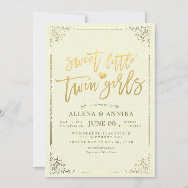 Baby Shower Sweet Little Twin Girls Guld Ram Inbjudningar (Framsida)