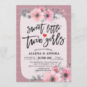 Baby Shower Sweet Little Twin Girls Rosa Flowers Inbjudningar