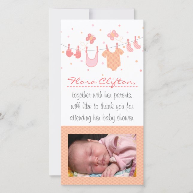 Baby shower Tack: Babykläder på tvättlina Tack Kort (Framsida)