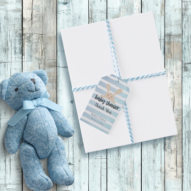 Baby Shower Tack Bunny Blue White Rand Presentetikett (Skapare uppladdad)