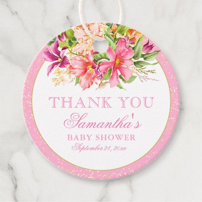 Baby Shower Tack Chic Flowers Bouquet Rosa Gåvor Etiketter (Framsida)