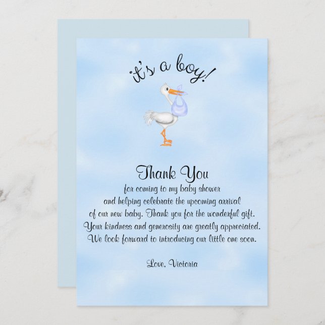 Baby Shower Tack Det är en Boy Pojke Stork Inbjudningar (Fram/baksida)