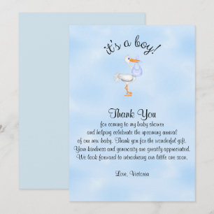 Baby Shower Tack Det är en Boy Pojke Stork Inbjudningar