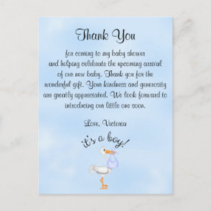 Baby Shower Tack Det är en Boy Pojke Stork Vykort