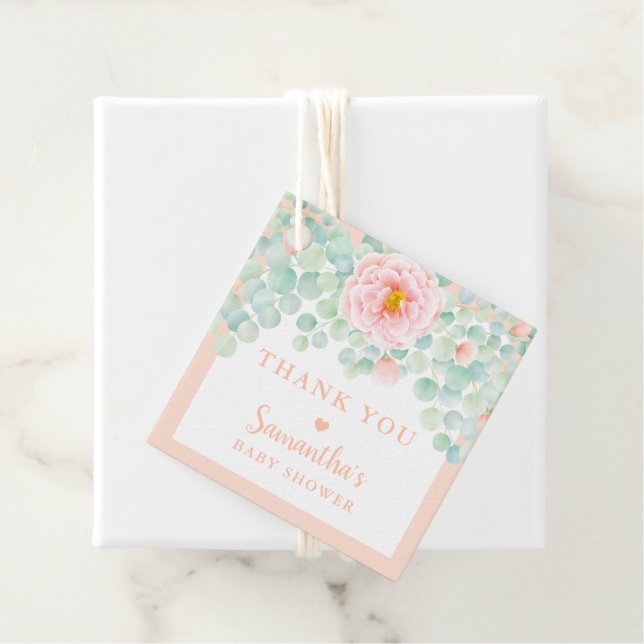 Baby Shower Tack Eucalyptus Blommigt Peach Sage Gåvor Etiketter (På plats)