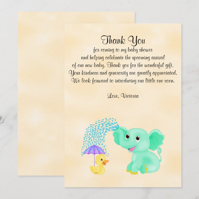 Baby Shower Tack Gender Neutral Elephant Inbjudningar (Fram/baksida)