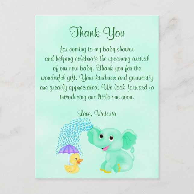 Baby Shower Tack Gender Neutral Elephant Vykort (Framsida)
