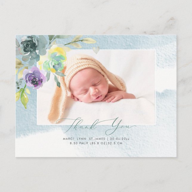 Baby Shower Tack Watercolor Dusty Blue Peony Vykort (Framsida)