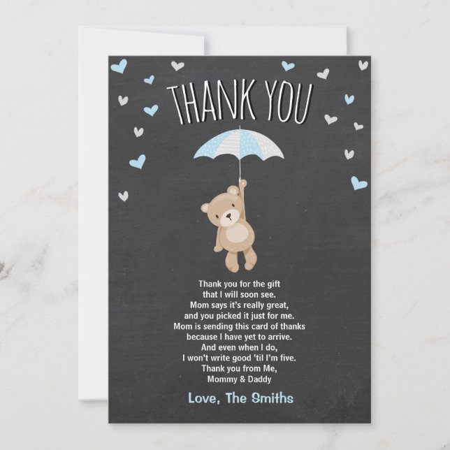 Baby Shower Tack You Card Nalle blue Unge Boy (Framsida)
