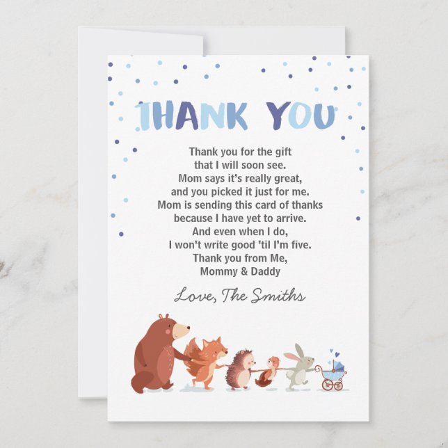 Baby Shower Tack You Card Woodland Boy Blue (Framsida)