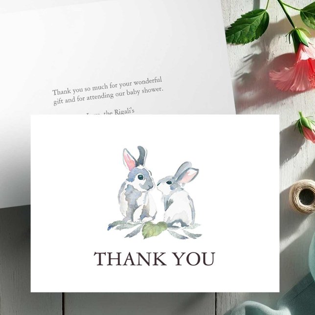 Baby Shower Tack You Card Woodland Bunnies (Bunny rabbit thank you card watercolor art by Victoria Grigaliunas of Do Tell A Belle)
