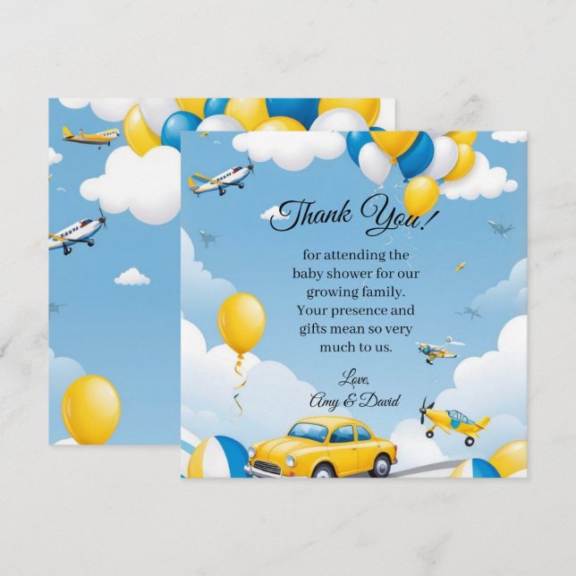 Baby Shower Tacksamhetskort för Bil och Flygplan Tack Kort (Fram/baksida)