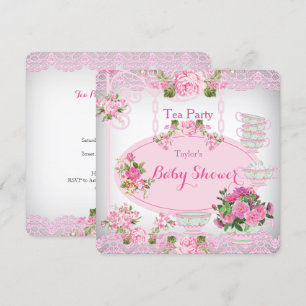 Baby Shower Tea Party Vintage Spets Rosa Blommig D Inbjudningar