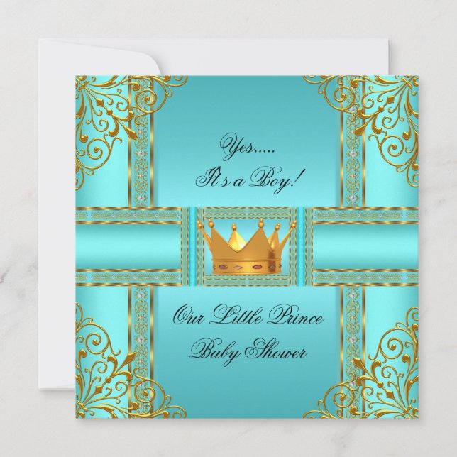 Baby Shower Teal Blue Guld Boy Prince Krona Inbjudningar (Framsida)