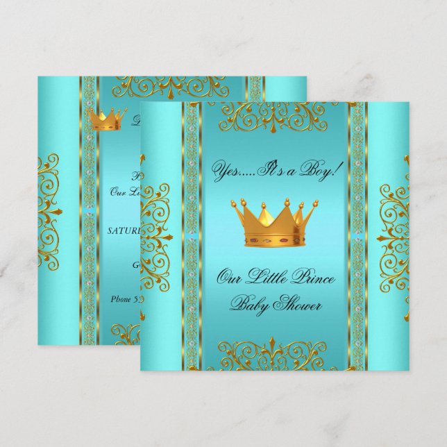 Baby Shower Teal Blue Guld Boy Prince Krona Inbjudningar (Fram/baksida)
