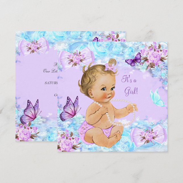 Baby Shower Teal Lila Butterfly Blonde Inbjudningar (Fram/baksida)