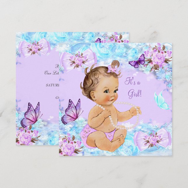 Baby Shower Teal Lila Butterfly Brunette Inbjudningar (Fram/baksida)