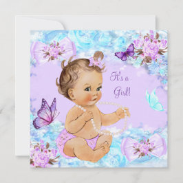 Baby Shower Teal Lila Butterfly Brunette Inbjudningar