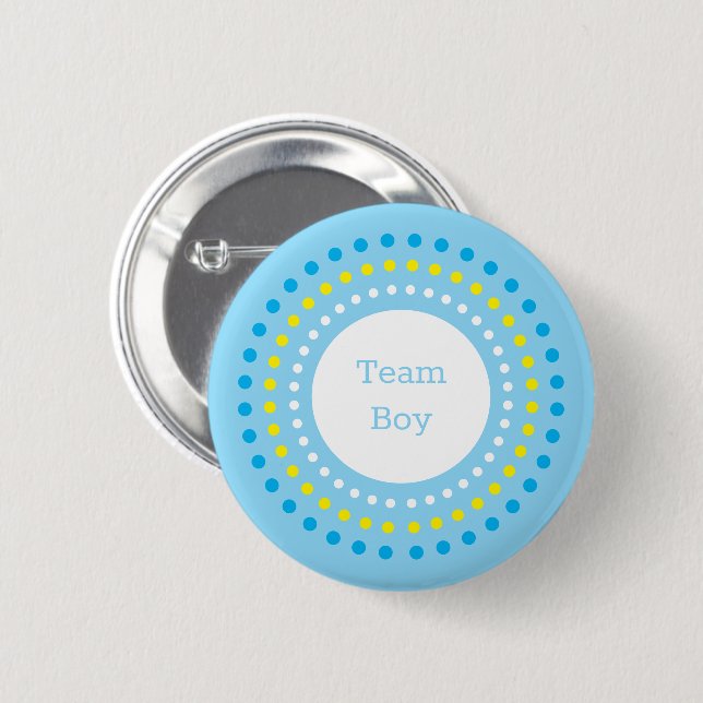 Baby Shower "Team Boy" Blue & Yellow Polka Dots Knapp (Framsida & baksida)