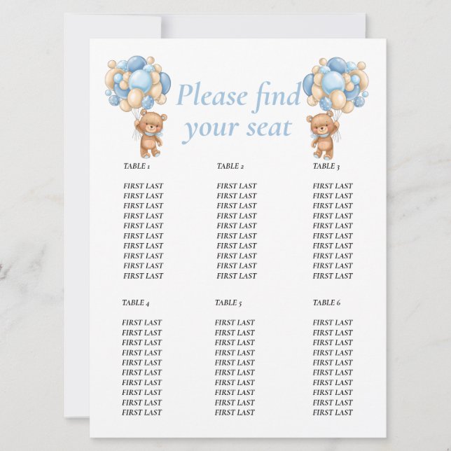 Baby Shower Teddy Balloon Bord-diagram Blue Boy Inbjudningar (Framsida)