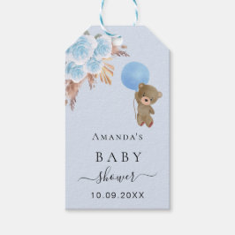 Baby Shower teddy blue pampas-gräs tack. Presentetikett