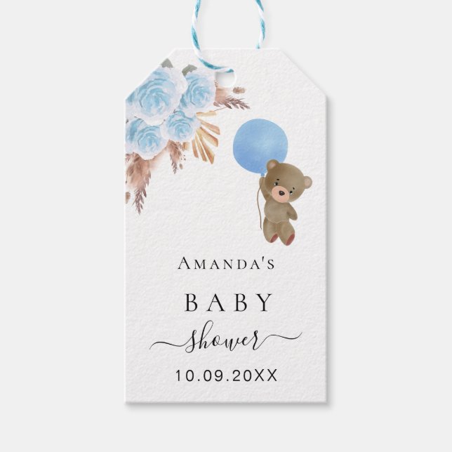 Baby Shower teddy blue pampas-gräs tack. Presentetikett (Framsidan)