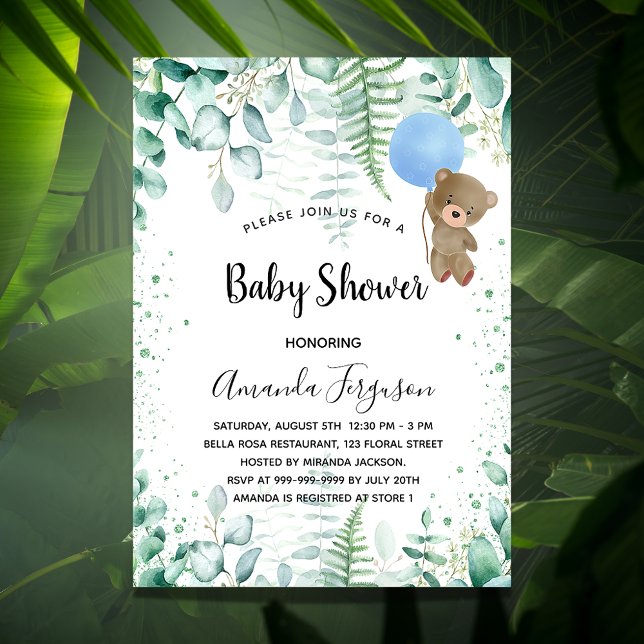 Baby Shower teddy boy eucalyptus-skog lyxur Inbjudningar (Skapare uppladdad)