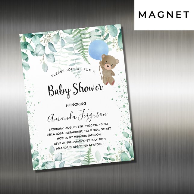 Baby Shower teddy boyeucalyptus-skog Magnetisk Inbjudningskort (Skapare uppladdad)