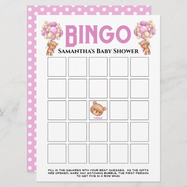 Baby Shower Teddy Flicka Bubbly Rosa Bingo Spel  Inbjudningar (Fram/baksida)