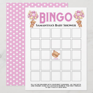 Baby Shower Teddy Flicka Bubbly Rosa Bingo Spel Inbjudningar