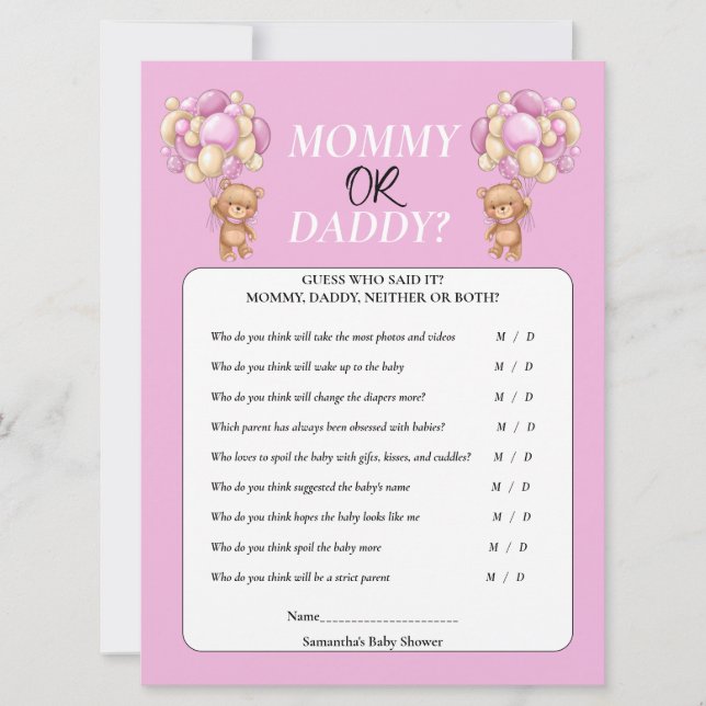 Baby Shower Teddy Girl Mamma eller pappa Inbjudningar (Framsida)