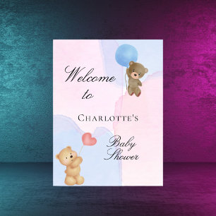Baby shower teddybjörn blå rosa könsbestämning poster