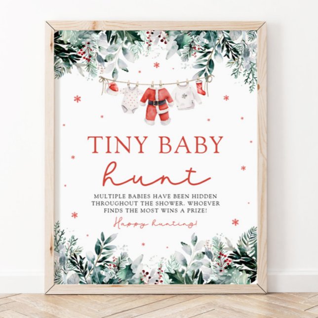 Baby Shower Tiny Baby Hunt Poster (Watercolor Red Christmas Santa Clothes Baby Shower Tiny Baby Hunt Sign)