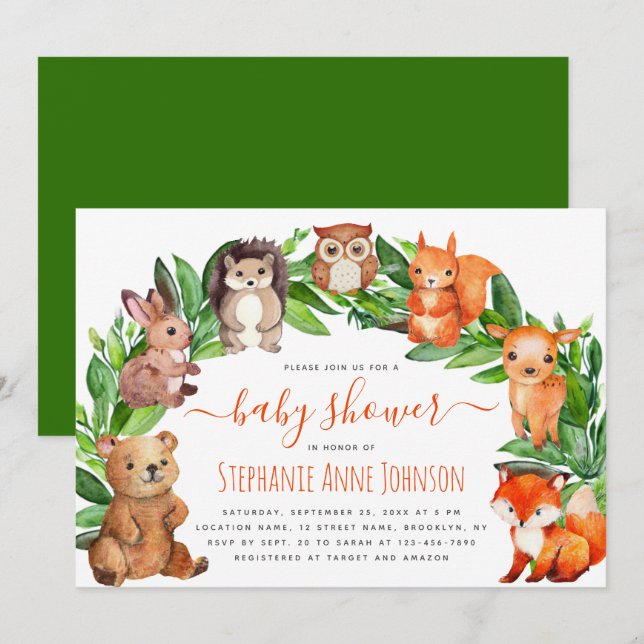 Baby Shower Trädkreatur Vattenfärg Båge Söt Inbjudningar (Fram/baksida)