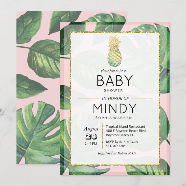 Baby Shower Tropisk Pineapple Palm Inbjudan (Fram/baksida)