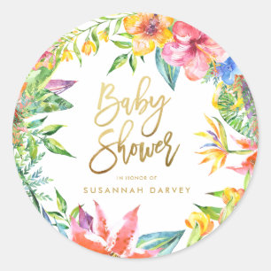 Baby Shower Tropiskt vattenfärgskalligrafi i Gul Runt Klistermärke
